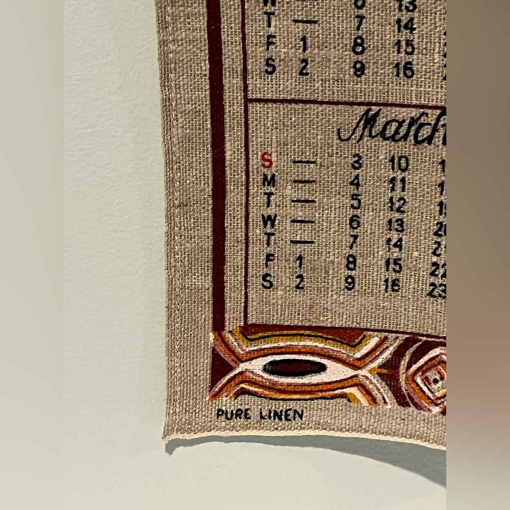 Vintage Aboriginal Art 1974 Calendar Tea Towel in Brown and Tan Pure Linen - Picture 3 of 10